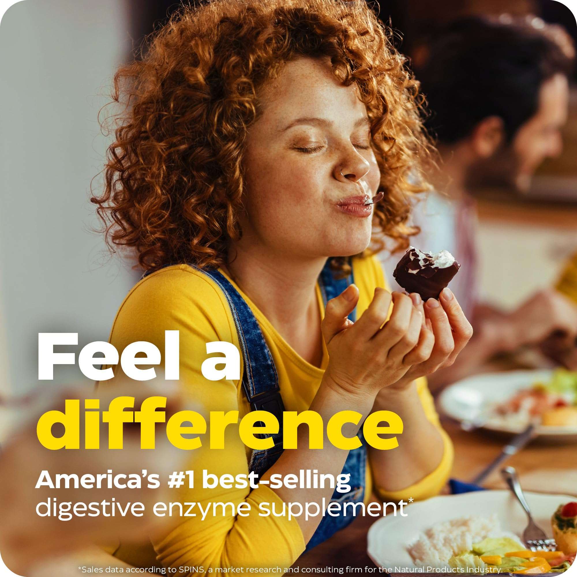 Happy woman enjoying food, showcasing America's #1 best-selling digestive enzyme supplements for bloating