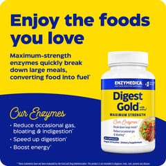 Enzymedica Digest Gold maximum strength bottle on yellow background promoting digestive enzyme supplements UAE for bloating relief