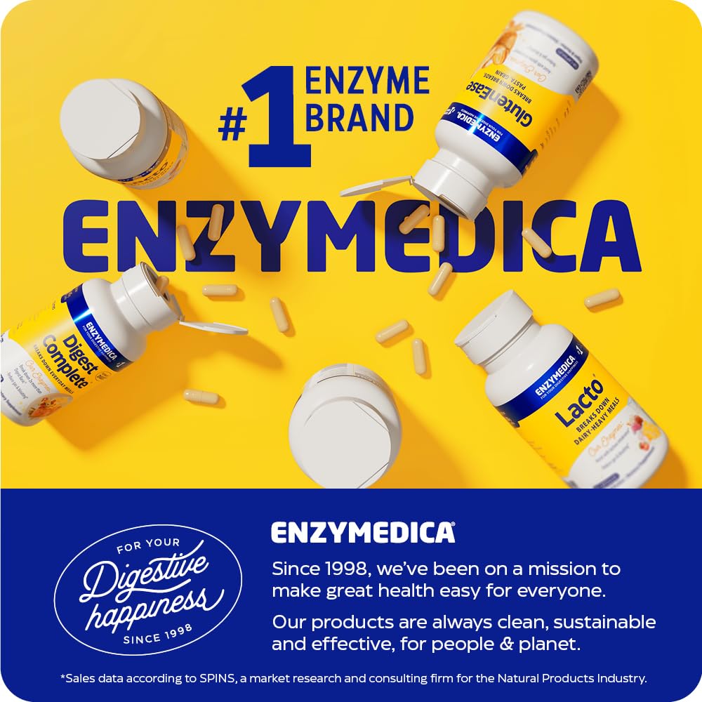 Enzymedica yellow bottles and capsules showing Lacto and Digest Complete labels digestive enzyme supplements UAE