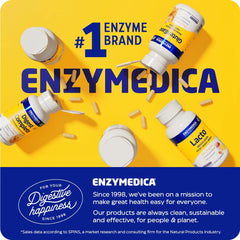 Enzymedica yellow bottles and capsules showing Lacto and Digest Complete labels digestive enzyme supplements UAE