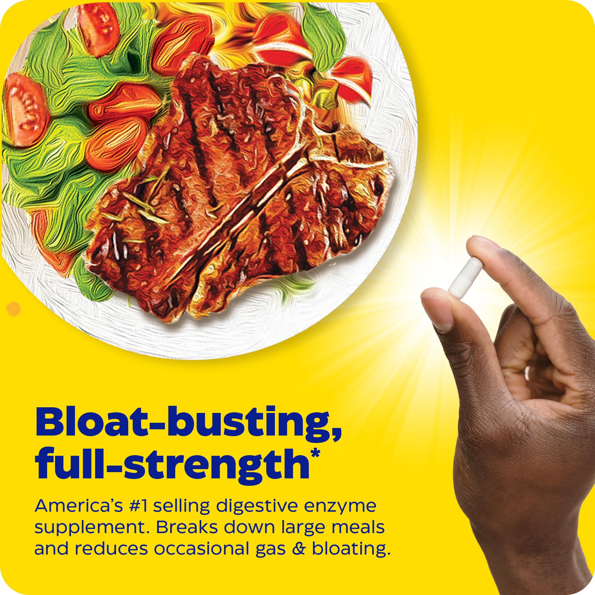 Enzymedica capsule held by hand next to steak and salad plate promoting digestive enzyme supplements UAE for bloating relief