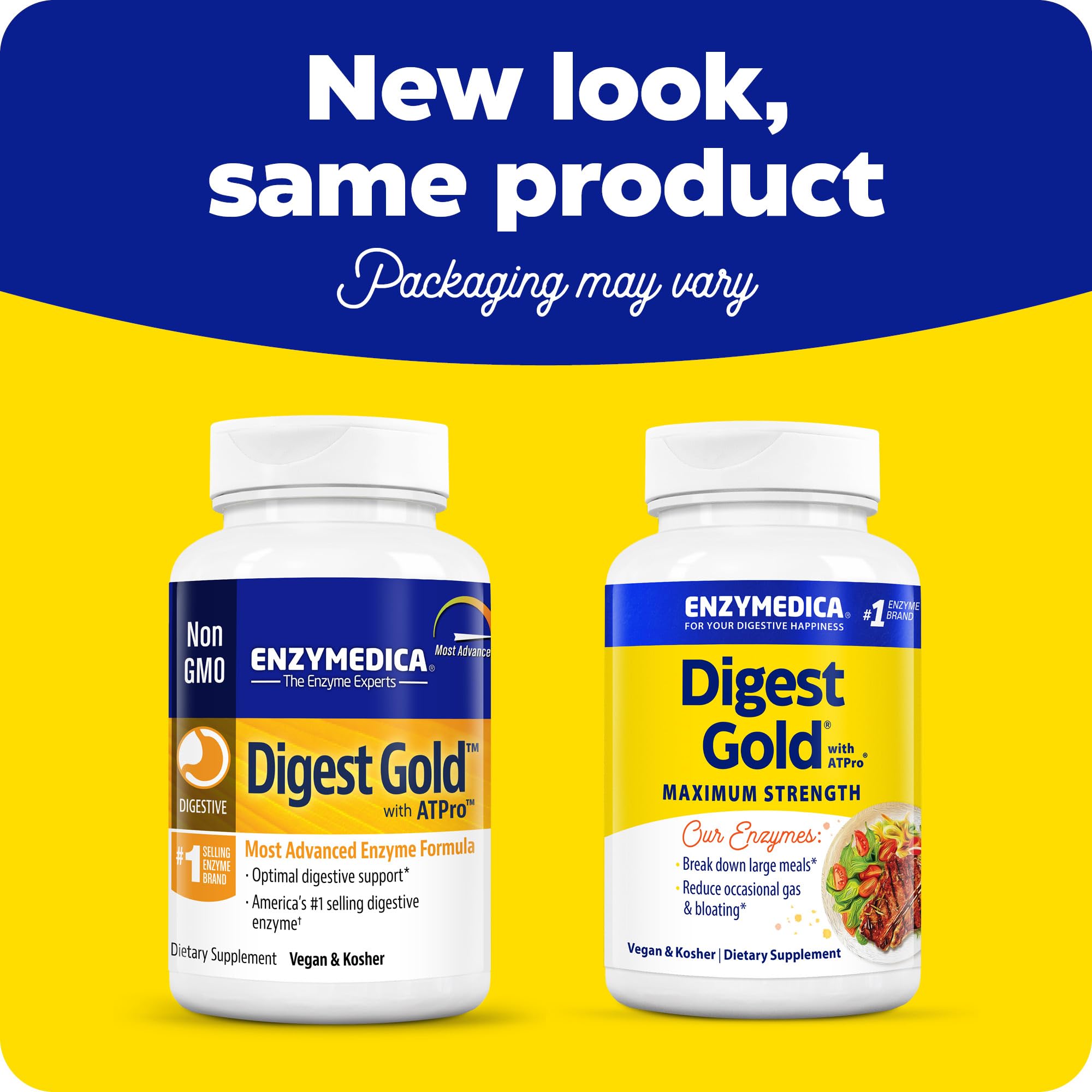 Two bottles of Enzymedica Digest Gold enzyme supplement in updated packaging for digestive enzyme supplements UAE