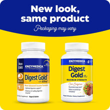 Digest Gold supplement bottle pair, blue and yellow labels, packaging may vary