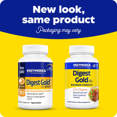 Two bottles of Enzymedica Digest Gold enzyme supplement in updated packaging for digestive enzyme supplements UAE