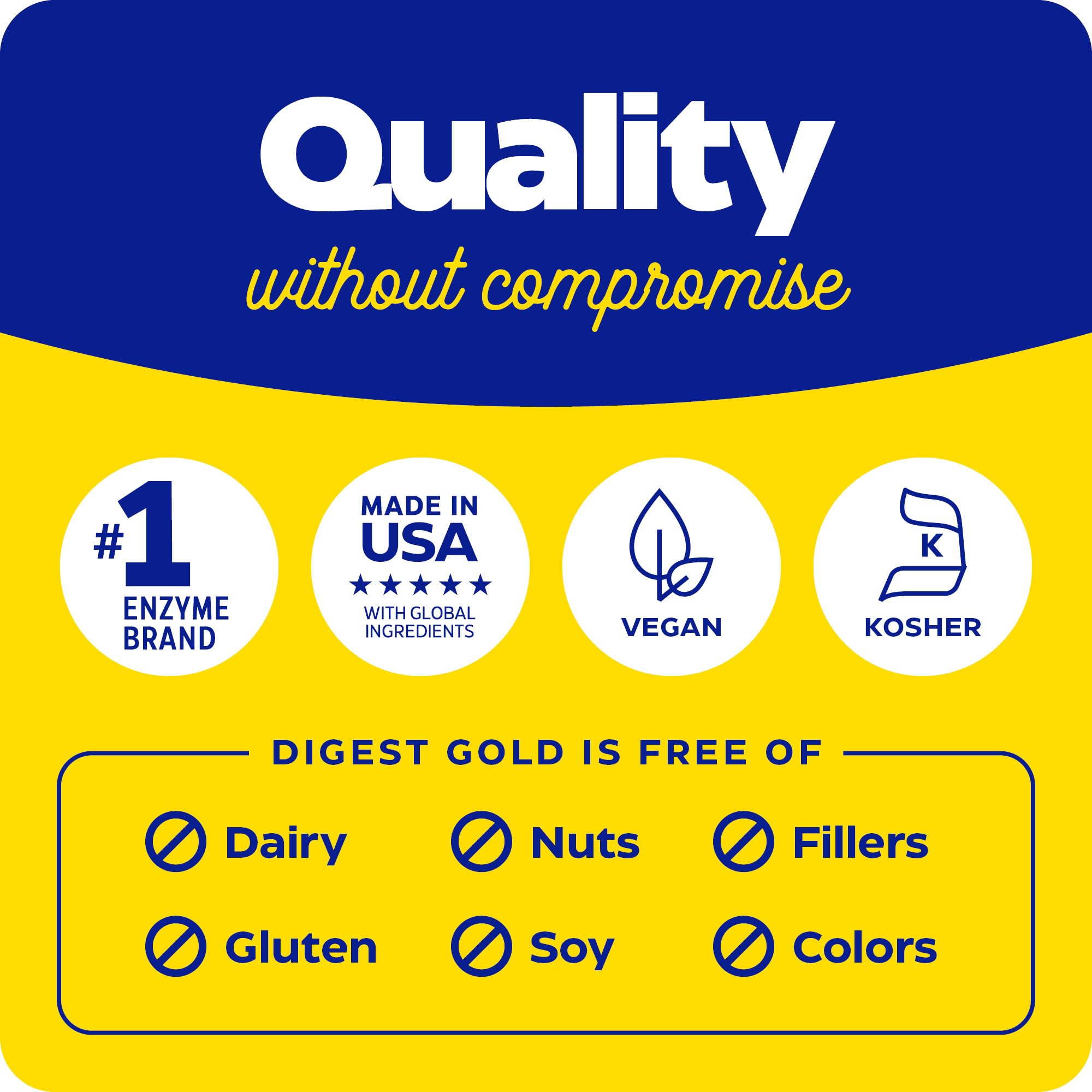 Enzymedica Digest Gold quality badge vegan kosher made in USA free of dairy nuts fillers digestive enzyme supplements UAE