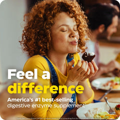 Enzymedica ad showing woman savoring dessert after meal promoting digestive enzyme supplements UAE for comfort