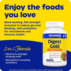 Enzymedica Digest Gold bottle on yellow ad promoting digestive enzymes with probiotics UAE for bloat relief