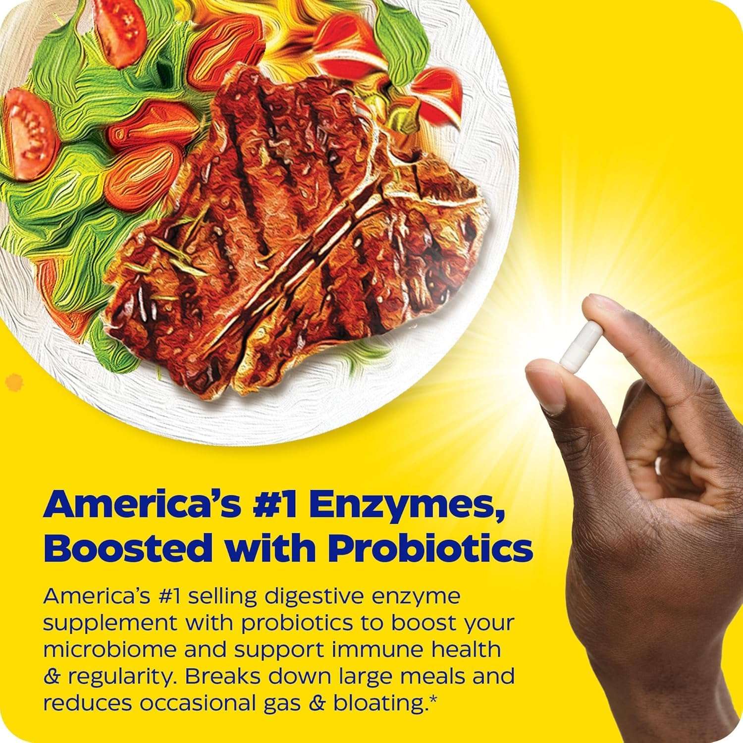 Enzymedica capsule held by hand beside steak and salad illustrating digestive enzymes with probiotics UAE for meal digestion