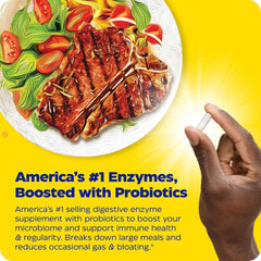 Enzymedica capsule held by hand beside steak and salad illustrating digestive enzymes with probiotics UAE for meal digestion
