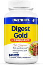 Digest Gold + Probiotics supplement bottle with blue and yellow label, 45 capsules