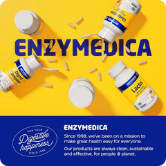 Enzymedica supplement bottles and capsules on yellow background showing Lacto digestive enzymes with probiotics UAE
