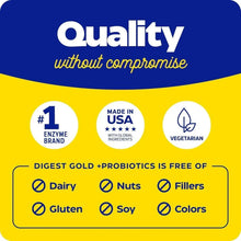 Digest Gold + Probiotics label panel with vegetarian icon and free-from checklist