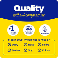Enzymedica label Quality without compromise with icons for digestive enzymes with probiotics UAE free of dairy gluten nuts soy