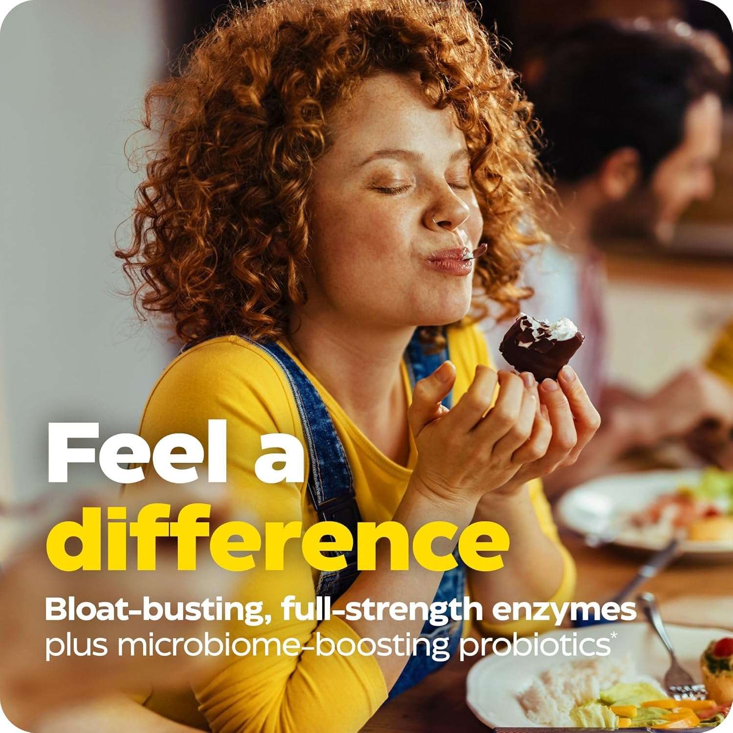 Enzymedica ad of a woman savoring a cupcake at a table enjoying food digestive enzymes with probiotics UAE