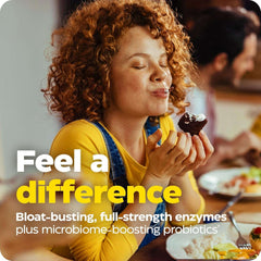 Enzymedica ad of a woman savoring a cupcake at a table enjoying food digestive enzymes with probiotics UAE