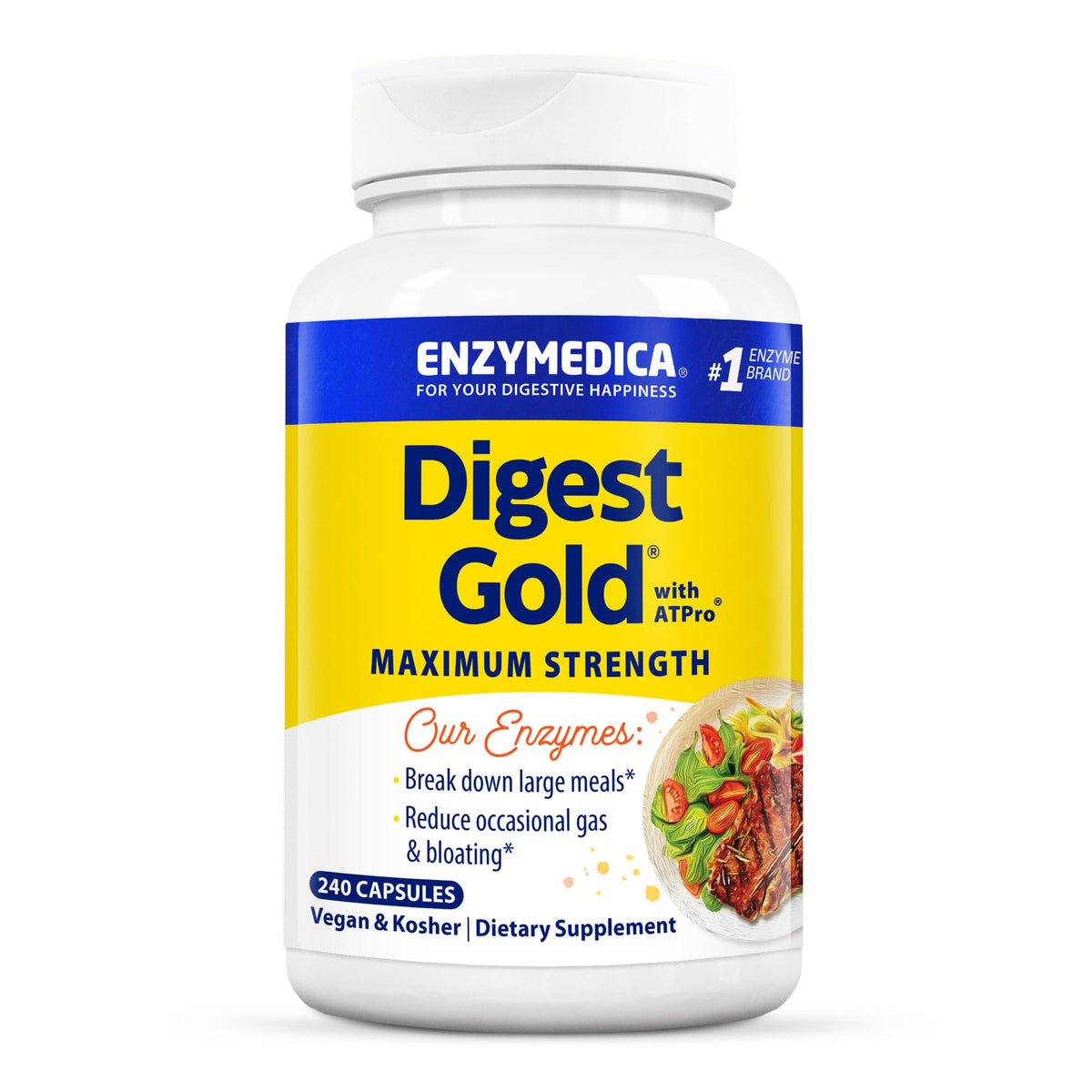 Enzymedica Digest Gold maximum strength digestive enzymes in a 240-capsule bottle for digestive support
