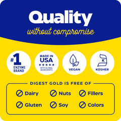 Enzymedica Digest Gold logo highlighting maximum strength digestive enzymes, vegan and kosher certification