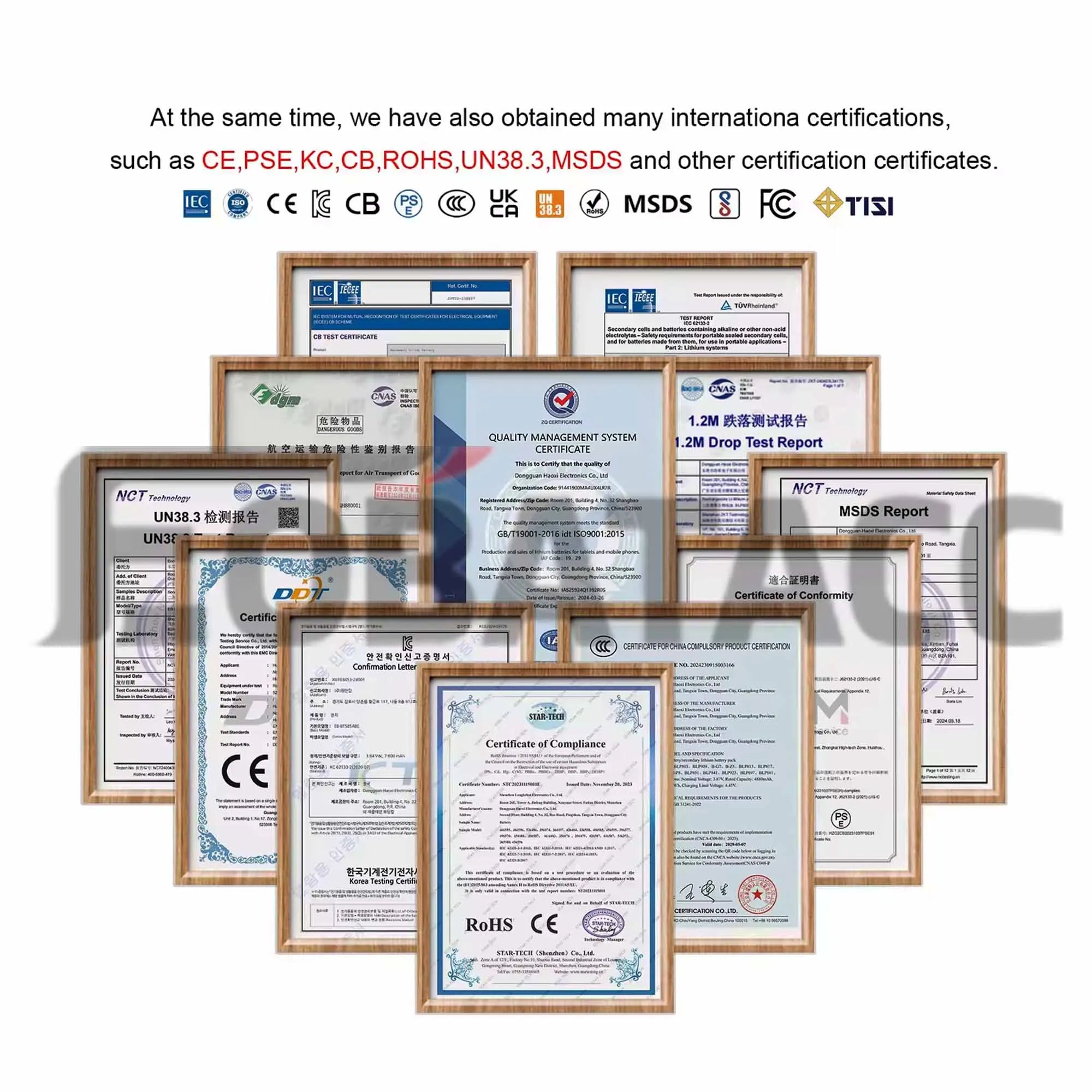 Mumzar certification display showing CE RoHS MSDS and safety certificates for Samsung Note 20 Ultra replacement battery