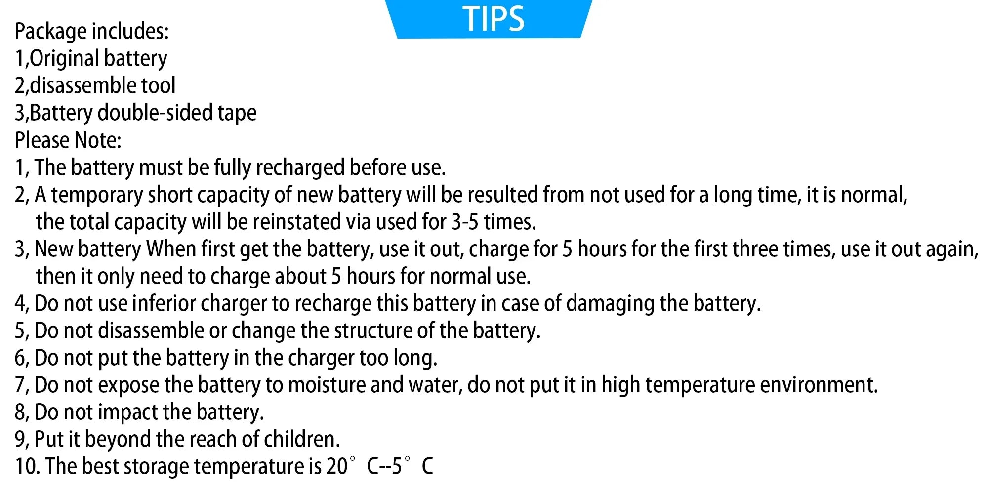 Samsung Note 20 Ultra replacement battery package contents and usage tips label showing included tools and storage advice