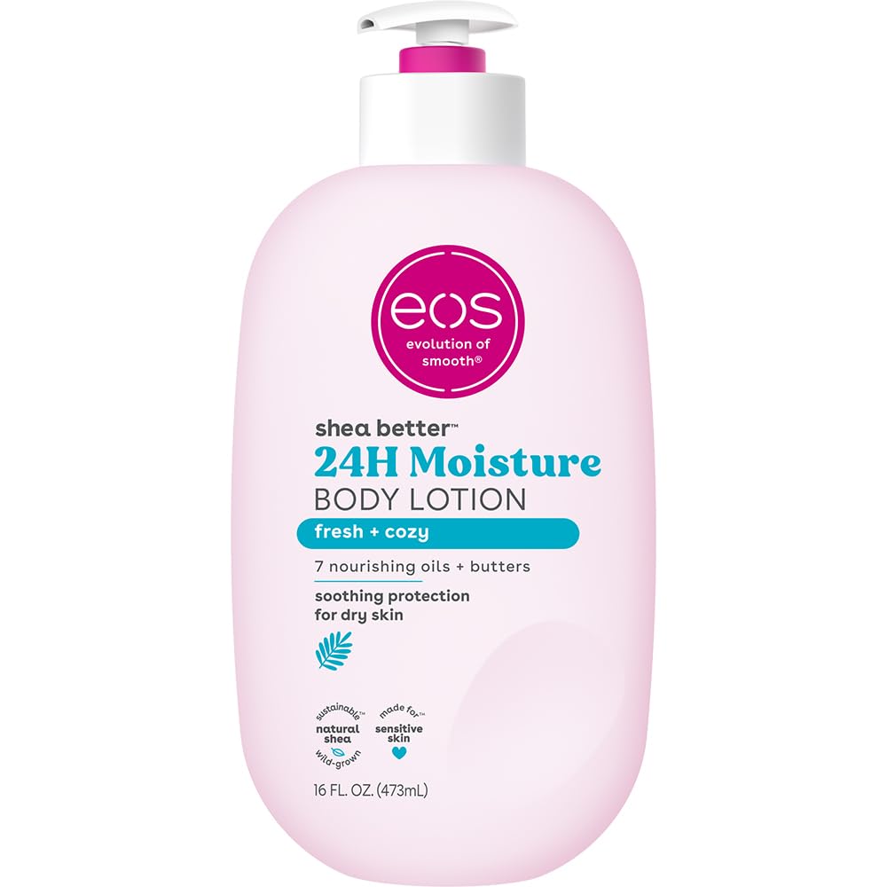 Eos shea butter body lotion 24H moisture with fresh and cozy scent in 16 oz pump bottle