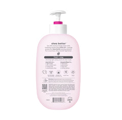 Back view of eos shea butter body lotion pink bottle with pump and detailed product information