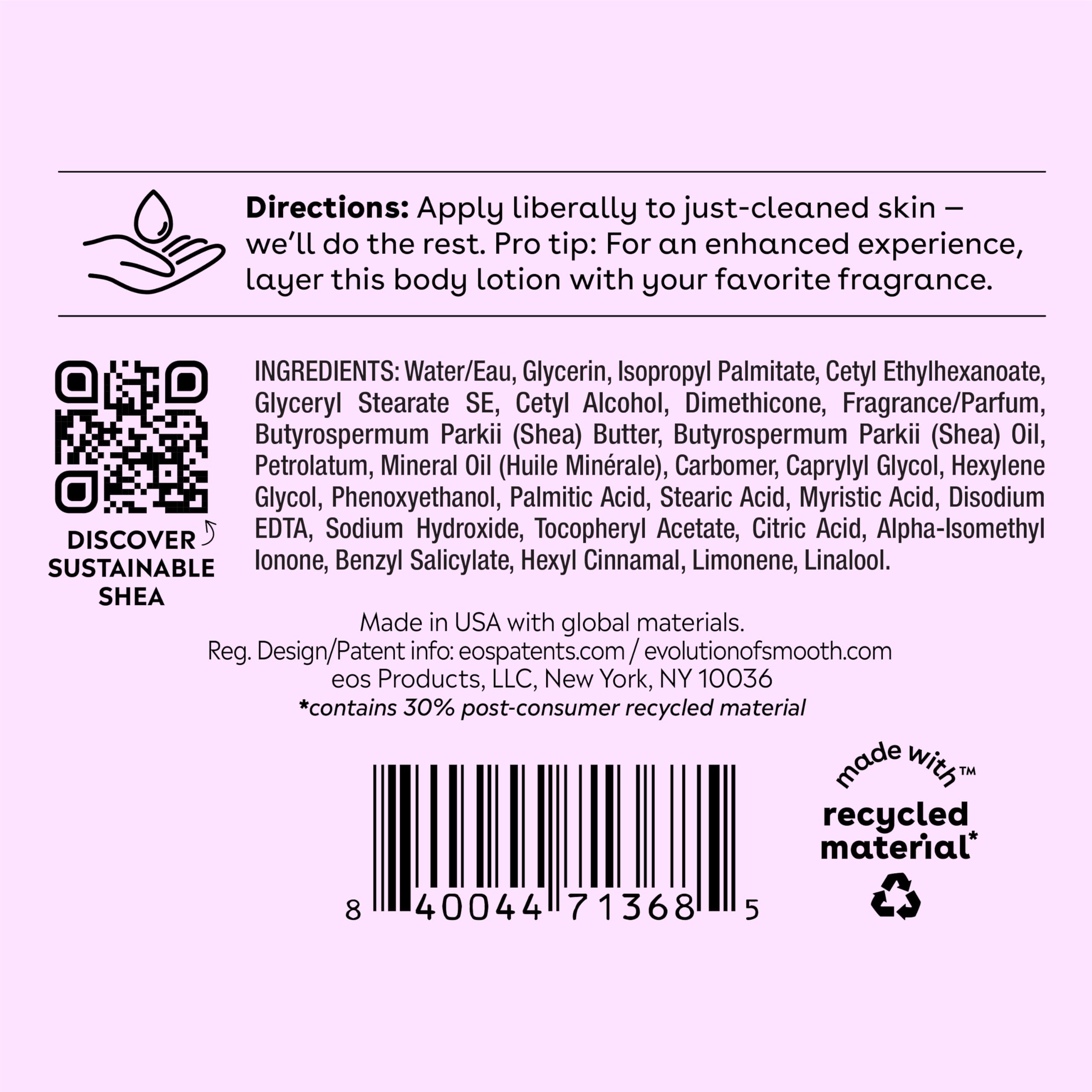 Eos shea butter body lotion ingredients label showing directions and recycled material info