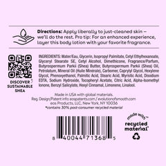 Eos shea butter body lotion ingredients label showing directions and recycled material info