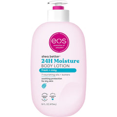 Eos vegan body moisturizer for dry skin 24H moisture body lotion with shea butter in pink pump bottle