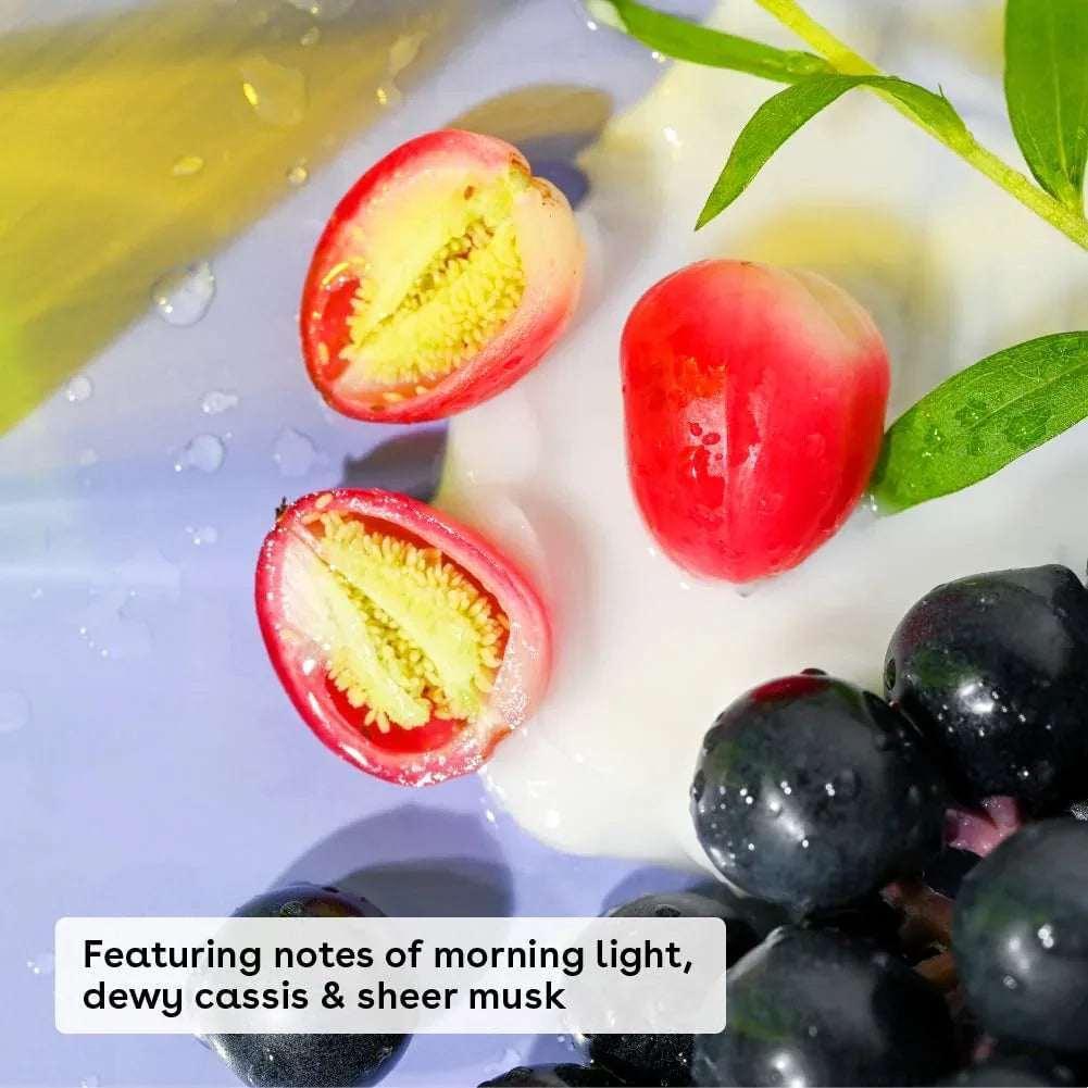 Body lotion scent notes graphic with strawberry slices, plums, and blueberries