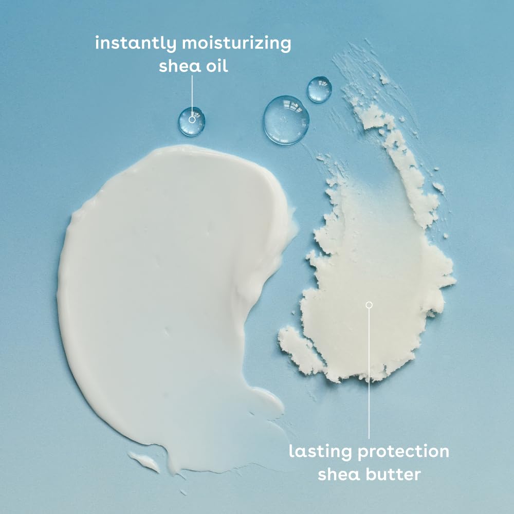 Eos vegan body moisturizer for dry skin showing moisturizing shea oil and protective shea butter textures