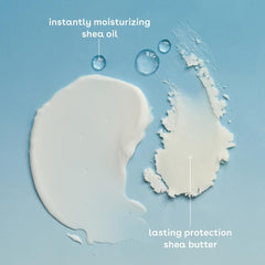 Eos vegan body moisturizer for dry skin showing moisturizing shea oil and protective shea butter textures