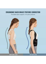 Back posture corrector shown on model side view, black brace with turquoise accents