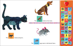 Eric Carle Around The Farm book pages with illustrations of a cat, dog, and mouse and sound buttons