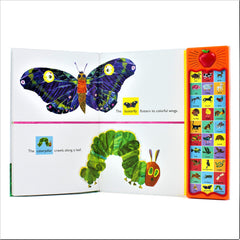 Open Eric Carle Around The Farm book showing colorful butterfly and caterpillar illustrations with sound panel