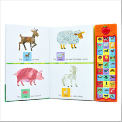 Eric Carle Around The Farm book open showing illustrated farm animals with sound panel on the side
