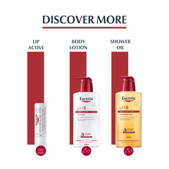 Promotional layout showing Eucerin pH5 body lotion, shower oil, lip active and Eucerin pH5 Intim Protect cleansing fluid