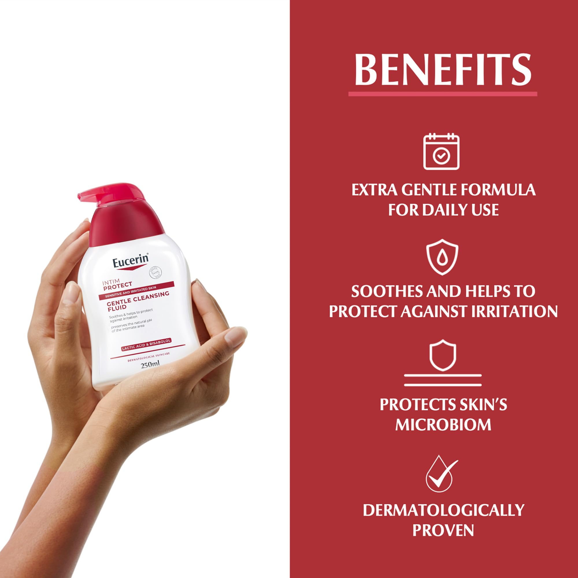 Hands holding Eucerin pH5 Intim Protect cleansing fluid bottle beside text listing gentle daily use and soothing benefits