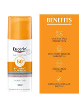 Eucerin SPF 50+ pigment control sun fluid bottle beside orange benefits card