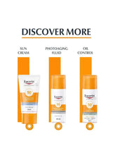 Eucerin sunscreen range lineup with three SPF bottles