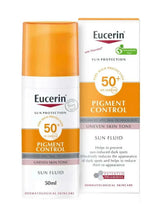 Eucerin SPF 50+ pigment control sun fluid bottle with matching product carton