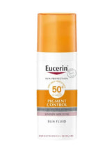Eucerin SPF 50+ pigment control sun fluid bottle with orange cap