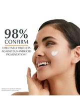 Face sunscreen with white application dots on cheek