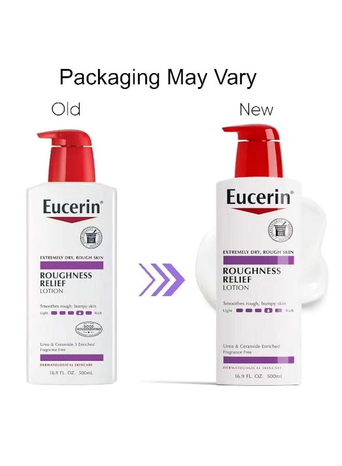 Eucerin Roughness Relief Lotion for dry bumpy skin in old and new packaging side by side