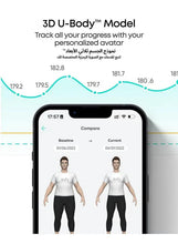Smart digital body weight scale with phone showing 3D body model comparison