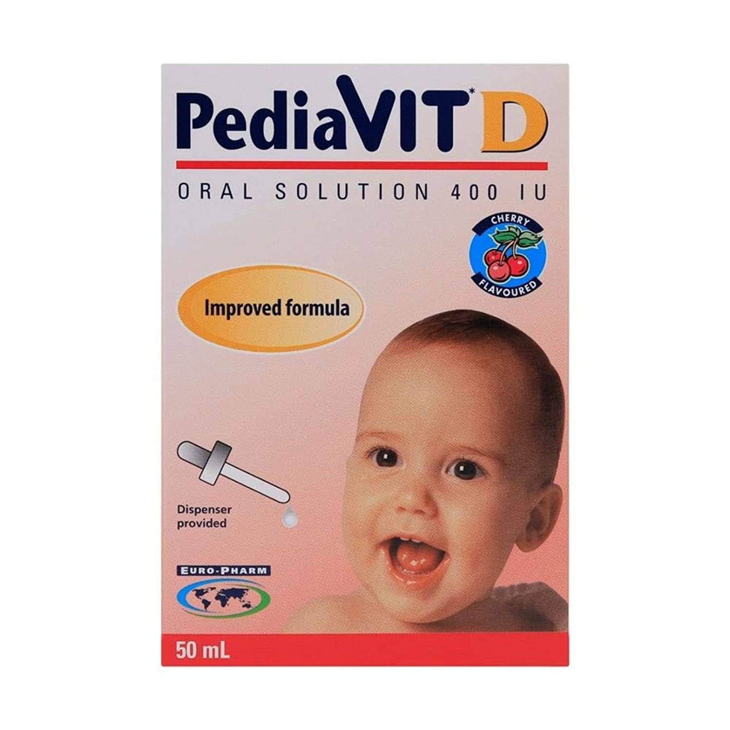 Pediavit D drops for babies 50 mL oral solution box with smiling baby cherry flavored 400 IU