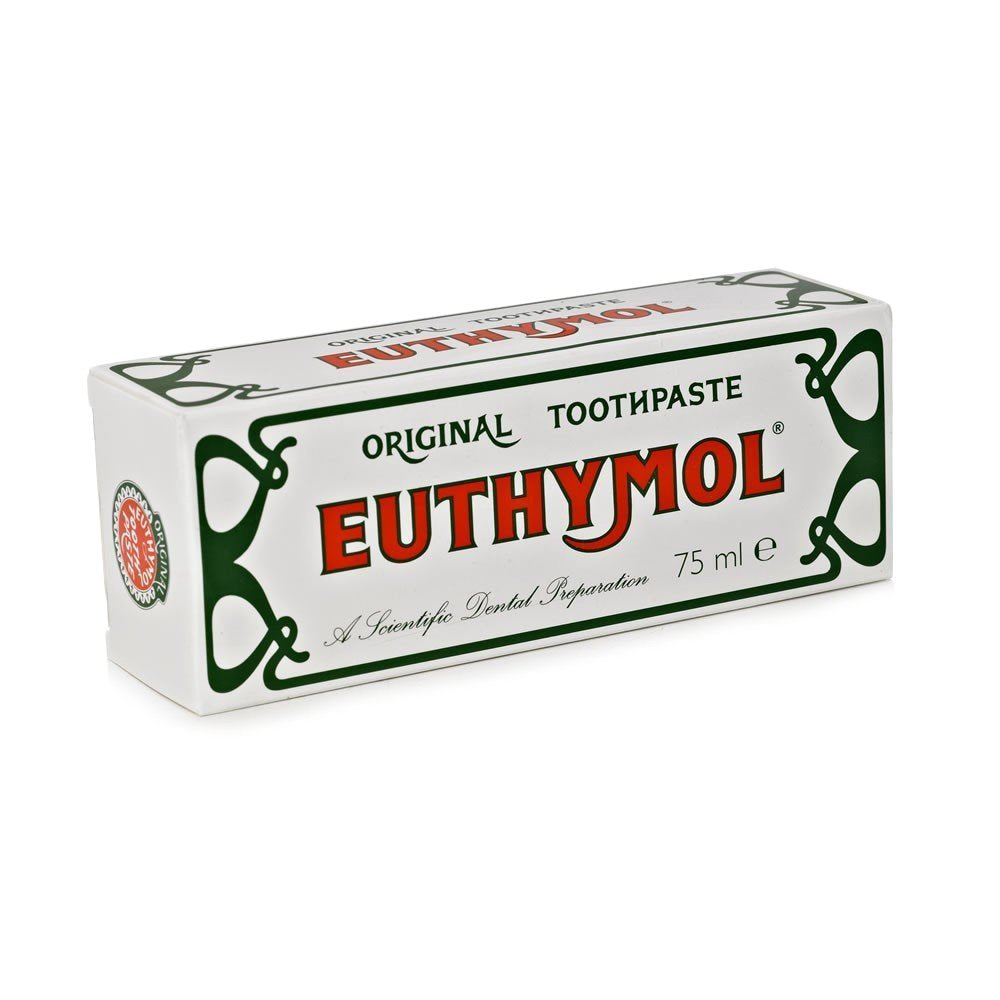 White rectangular box of Euthymol original toothpaste case 75 ml with green trim and bold red logo