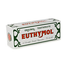 Euthymol Original toothpaste box, 75 ml, white with green label and red lettering