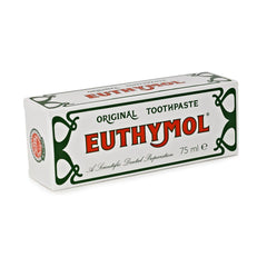 White rectangular box of Euthymol original toothpaste case 75 ml with green trim and bold red logo