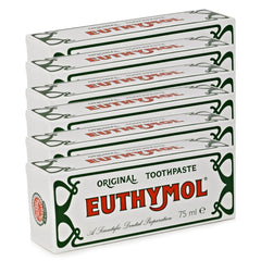 Six stacked boxes of Euthymol original toothpaste case in white green packaging 75 ml each for classic oral care