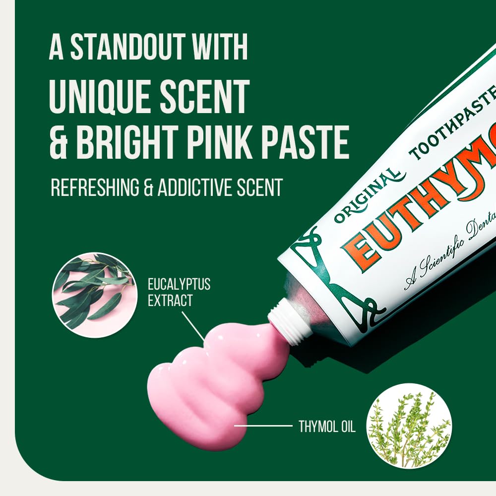 Euthymol original toothpaste triple pack tube with bright pink paste and eucalyptus extract and thymol oil